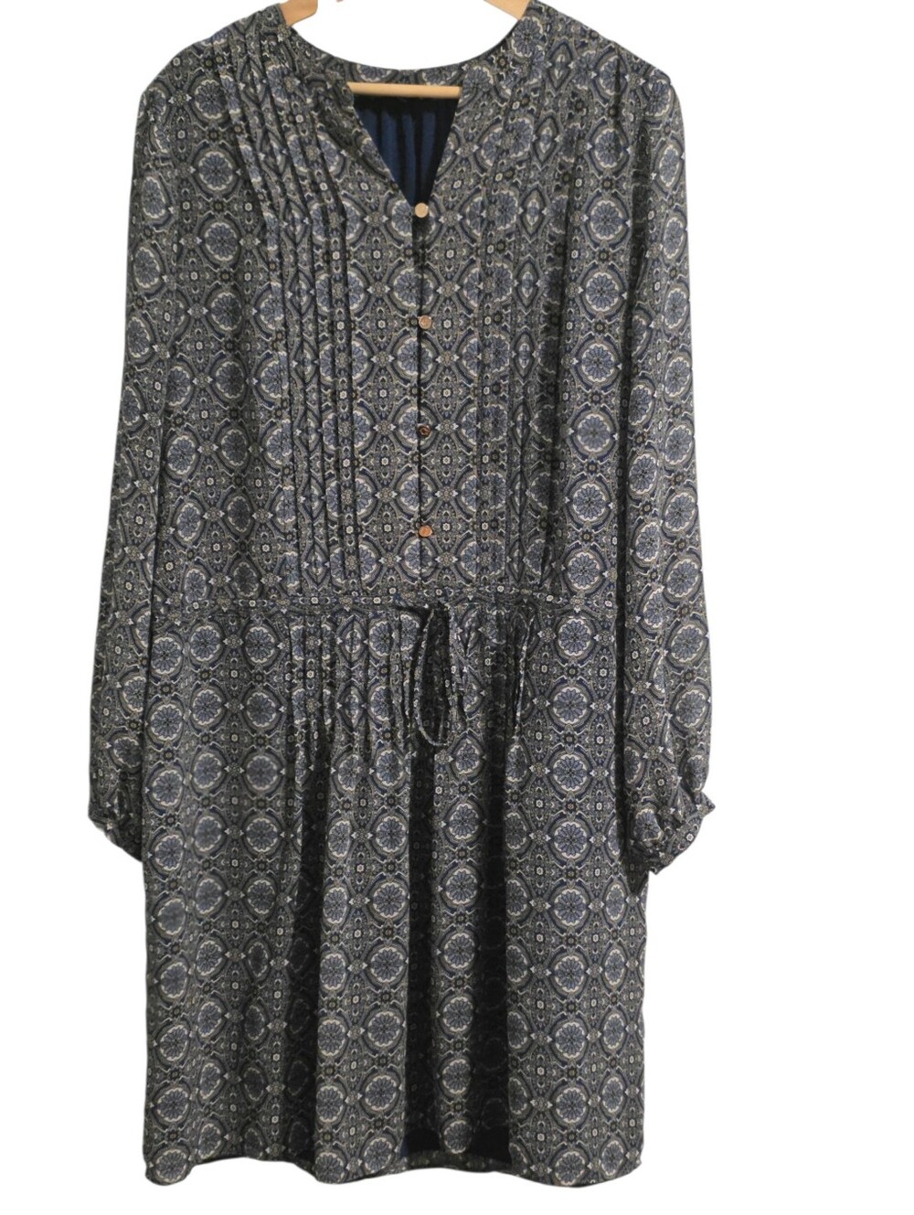 C. Wonder Paisley leated Front Drawstring Waist Midi Dress Button Accents Sz 12